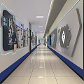 Modern Office Corridor With Well Lit Space And Medical Technology Posters Along Elevator Doors