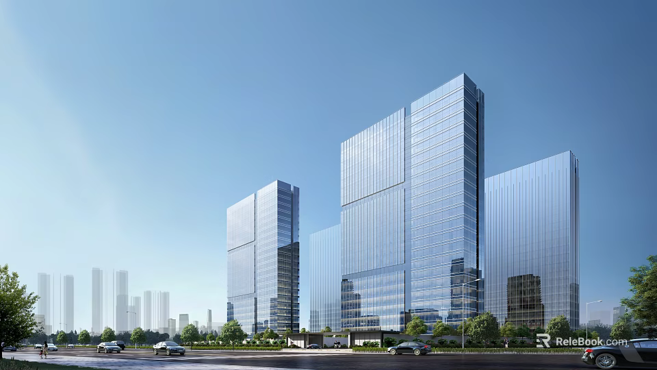 Modern High Rise Office Building with Glass Curtain Wall in Urban Cityscape 3d model 