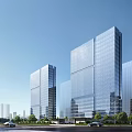 Modern High Rise Office Building with Glass Curtain Wall in Urban Cityscape