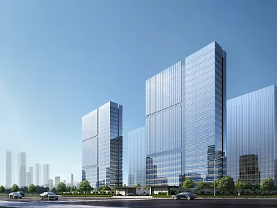 Modern High Rise Office Building with Glass Curtain Wall in Urban Cityscape 3d model