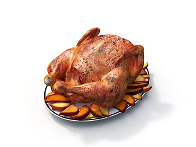 Perfectly Cooked Juicy Golden Roasted Chicken with Sliced Potatoes on White Plate 3d model