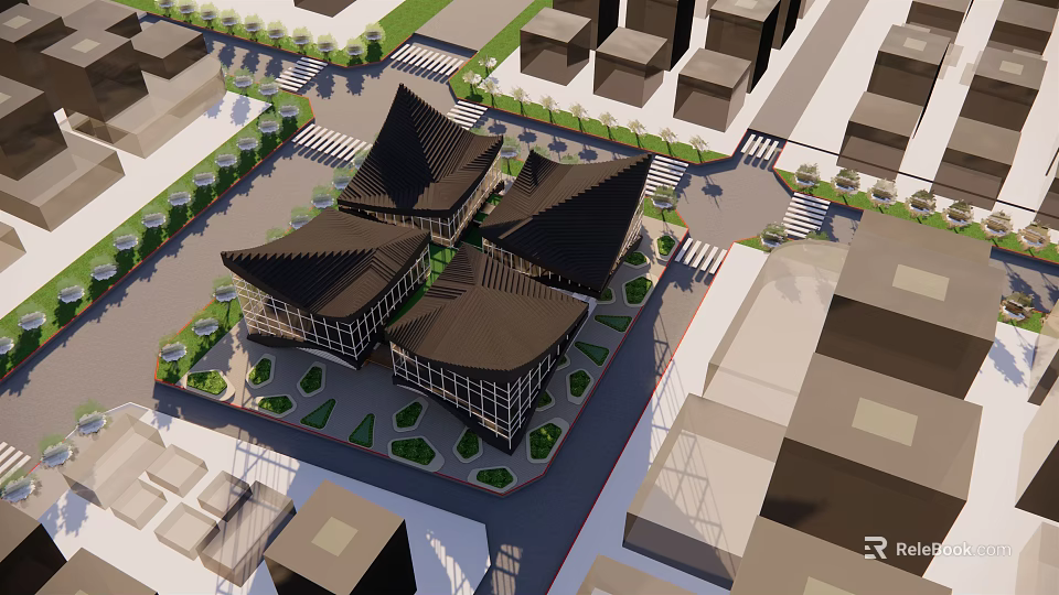 Modern Architectural Complex With Unique Roof Design And Landscaped Urban Surroundings 3d model 