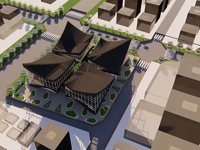 Modern Architectural Complex With Unique Roof Design And Landscaped Urban Surroundings 3d model