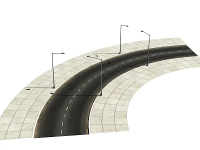 Curved Road Infrastructure with Street Light Poles Sidewalks Brick Pavement and White Dashed Lines 3d model