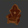 Red Leather Chair With Wooden Frame And Ornate Carvings Diamond Pattern Backrest