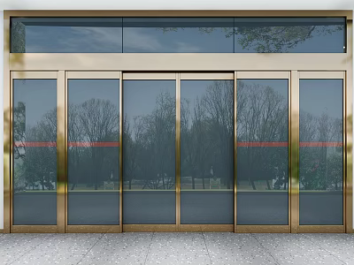 Modern Stylish Commercial Storefront With Golden Frame Glass Doors And Tree Reflections On Glass Windows 3d model