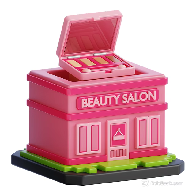 Pink Beauty Salon Building Model With Open Makeup Box Structure Green Base Doors And Windows 3d model 