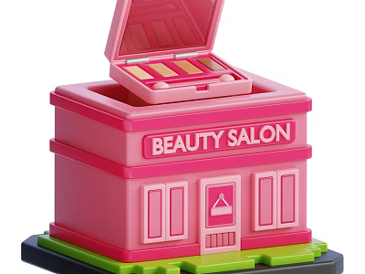 Pink Beauty Salon Building Model With Open Makeup Box Structure Green Base Doors And Windows 3d model