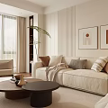 Modern Living Room Interior Design With Beige Sofa Pillows Coffee Tables Floor Lamp And Plant