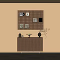 Natural Wood Console Cabinet And Sideboard With Decorative Shelves And Potted Plant