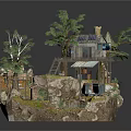Wooden House Miniature Scene with Trees Stairs Small Bridge Vehicle and Rocks