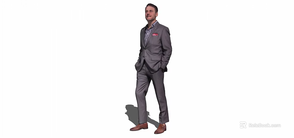 Man In Gray Suit With Plaid Shirt Red Pocket Square And Brown Leather Shoes 3d model 