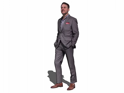 Man In Gray Suit With Plaid Shirt Red Pocket Square And Brown Leather Shoes 3d model