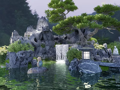 Rockery Stones as Centerpiece in Serene Garden with Waterfall Pond Pine Tree and Stone Lantern 3d model