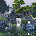 Rockery Stones as Centerpiece in Serene Garden with Waterfall Pond Pine Tree and Stone Lantern