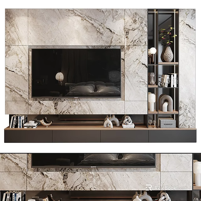 Modern TV Stand With Marble Wall Background Mounted TV Decorative Shelves Books And Vases 3d model 