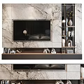 Modern TV Stand With Marble Wall Background Mounted TV Decorative Shelves Books And Vases