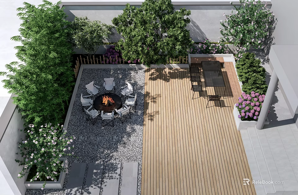 Outdoor Landscape Seating Space With Fire Pit Green Plants And Wooden Deck 3d model 