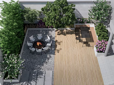 Outdoor Landscape Seating Space With Fire Pit Green Plants And Wooden Deck 3d model