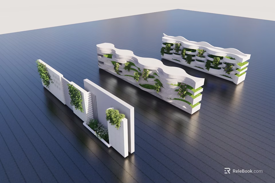 White Wavy Building Facade Decorated with Green Plants and Modern Design 3d model 