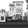 Elegant Modern Detached Villa Exterior With Illuminated Iron Gate Garden And Palm Trees
