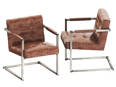 Modern Brown Armchairs with Woven Fabric Upholstery and Metal Frame Square Armrests and Tufted Seats 3d model