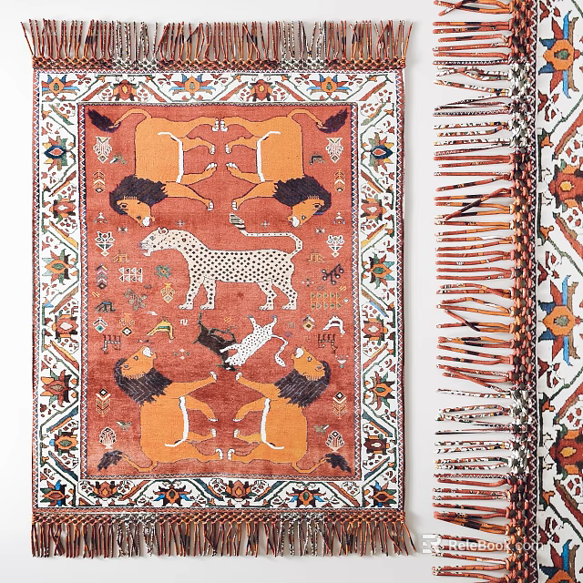 Square Area Rug with Lion Leopard Animal Prints on Red Background Intricate Patterns Decorative Borders 3d model 