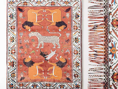 Square Area Rug with Lion Leopard Animal Prints on Red Background Intricate Patterns Decorative Borders 3d model