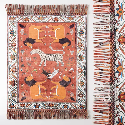 Square Area Rug with Lion Leopard Animal Prints on Red Background Intricate Patterns Decorative Borders 3d model