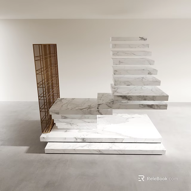 Modern Floating Marble Stairs With White Steps And Metal Frame In Minimalist Interior 3d model 