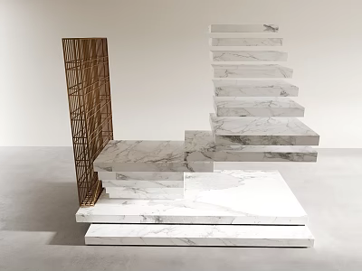 Modern Floating Marble Stairs With White Steps And Metal Frame In Minimalist Interior 3d model