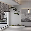 Modern Interior With Chinese Ink Landscape Accent Wall And Pendant Lights