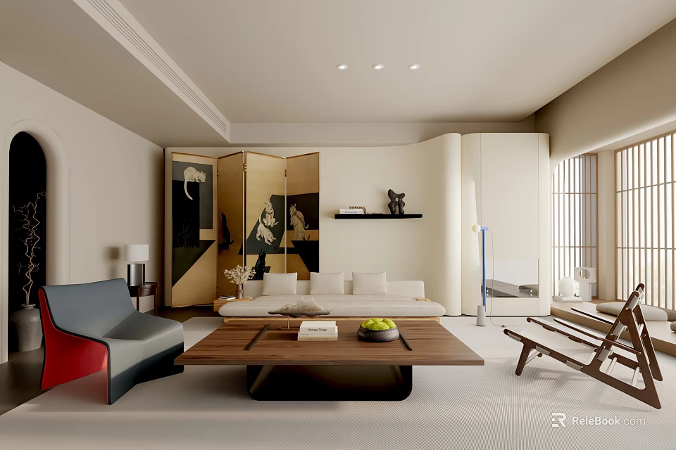 Modern Minimalist Cream Tone Living Room Interior With Wooden Coffee Table And Artistic Folding Screen 3d model 