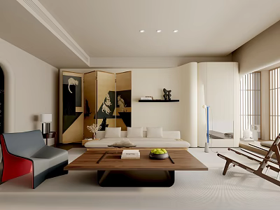 Modern Minimalist Cream Tone Living Room Interior With Wooden Coffee Table And Artistic Folding Screen 3d model