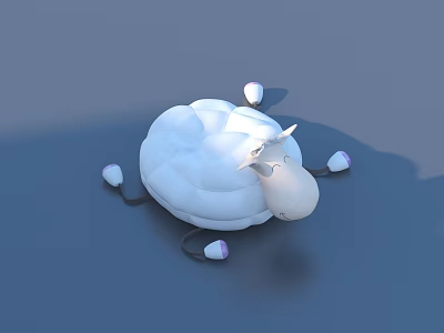 Cute White Fluffy Cartoon Sheep Character With Purple Hooves Lying On Blue Background 3d model