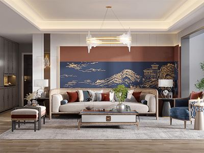 New Chinese Style Living Room Sofa Coffee Table Combination Living Room Chandelier Sofa Background Wall Background Wall Landscape Background Wall Living Room Ornaments Shoe Cabinet Entrance model