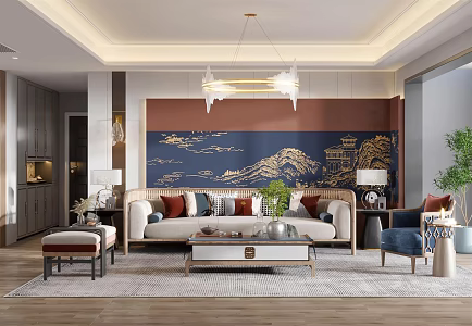 New Chinese Style Living Room Sofa Coffee Table Combination Living Room Chandelier Sofa Background Wall Background Wall Landscape Background Wall Living Room Ornaments Shoe Cabinet Entrance 3d model
