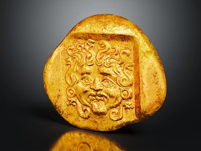 Ancient Gold Carved Artifact With Intricate Face Relief And Decorative Patterns 3d model