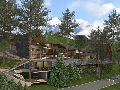 Modern Hillside Boutique Villa With Pine Trees Swimming Pool And Mountain Views 3d model