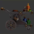 Wooden Utility Cart With Roast Chicken Fruits And Colorful Bottles