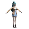 Woman with teal hair wearing beige coat white top blue skirt black boots arms outstretched