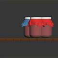 Colorful Jars With Red And Blue Lids On Brown Wooden Tray