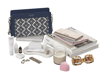 Stylish Navy Blue Geometric Pattern Clutch Bag With Cosmetics Notebooks And Accessories 3d model