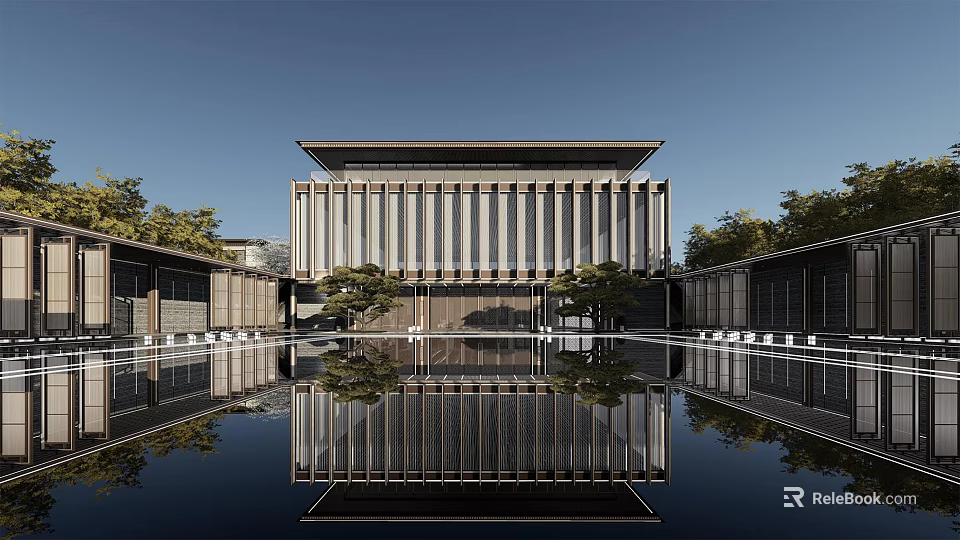 Modern Sales Office Building With Linear Facade Water Reflection And Trees 3d model 