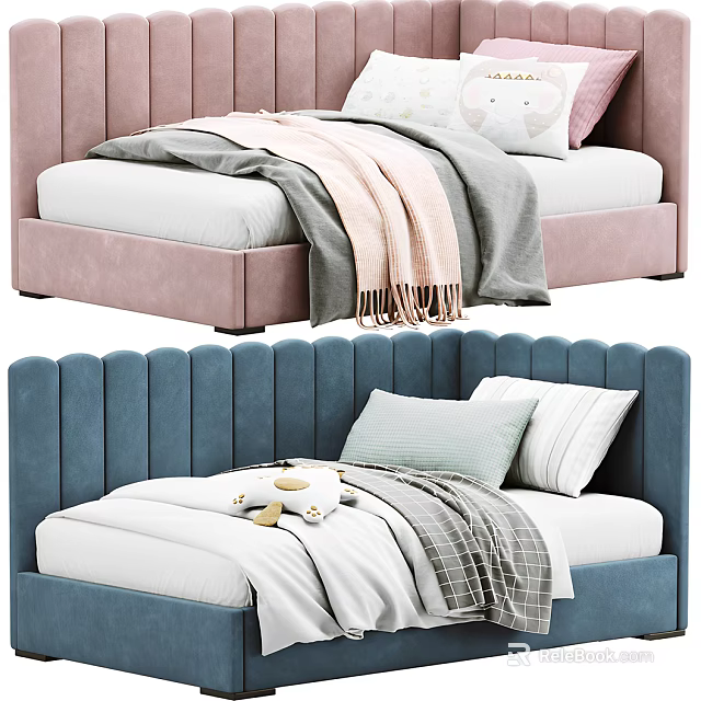 Pink And Blue Kids Bed With Upholstered Headboard Soft Bedding Pillow And Stuffed Toy 3d model 