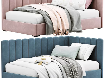 Pink And Blue Kids Bed With Upholstered Headboard Soft Bedding Pillow And Stuffed Toy 3d model