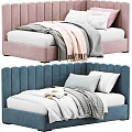 Pink And Blue Kids Bed With Upholstered Headboard Soft Bedding Pillow And Stuffed Toy