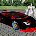Black Sports Car With Colorful Wheels Red Decal Female With Wings And Green Trees Background