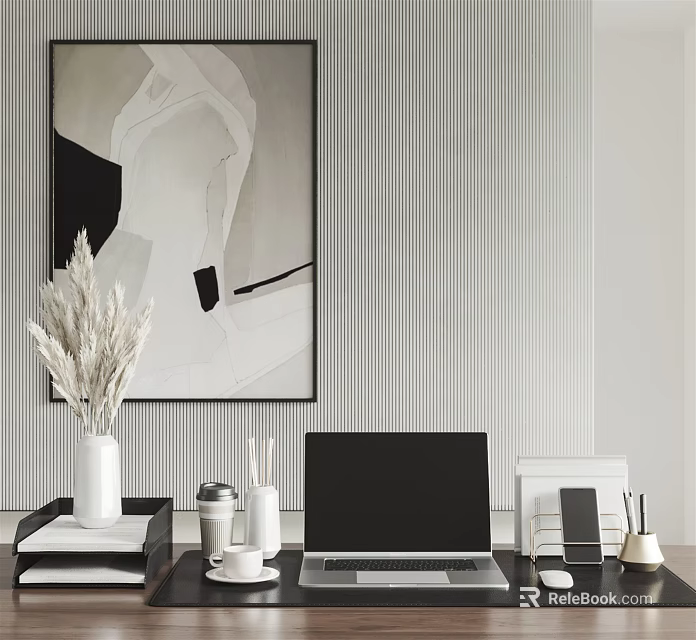 Modern Home Office Workspace With Black White Abstract Painting Striped Wallpaper And Laptop 3d model 
