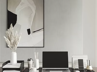 Modern Home Office Workspace With Black White Abstract Painting Striped Wallpaper And Laptop 3d model
